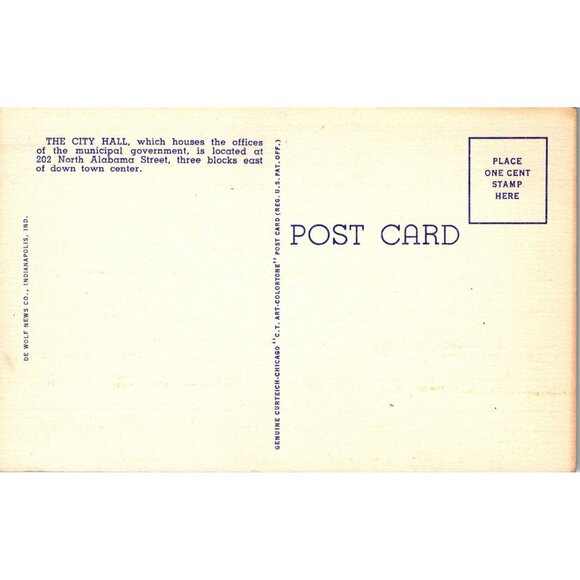 City Hall Indianapolis Indiana Linen Unposted PC333 - Picture 2 of 2